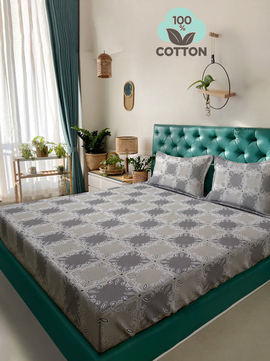 Klotthe Grey Floral 400 TC Pure Cotton Double Bedsheet with 2 Pillow Covers