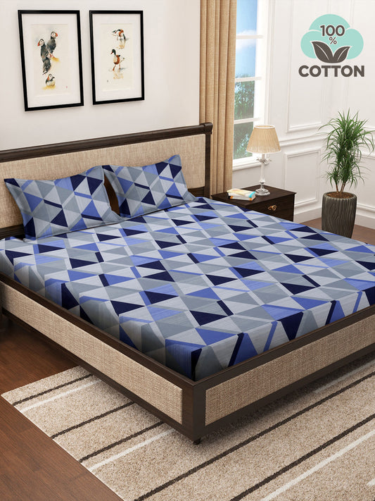 Klotthe Multicolor Geometric 400 TC Pure Cotton Super King Double Bedsheet with 2 Pillow covers