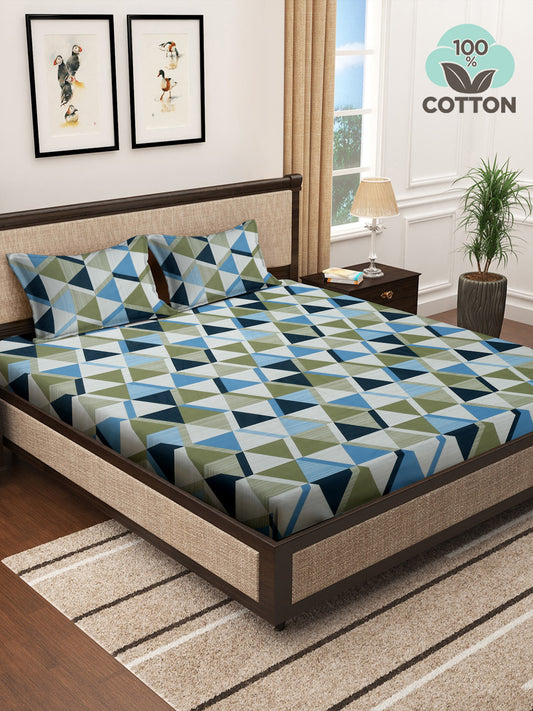 Klotthe Multicolor Geometric 400 TC Pure Cotton Super King Double Bedsheet with 2 Pillow covers