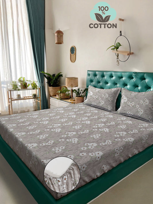 Klotthe Grey Floral 400 TC Pure Cotton Fitted Double Bedsheet with 2 Pillow Covers