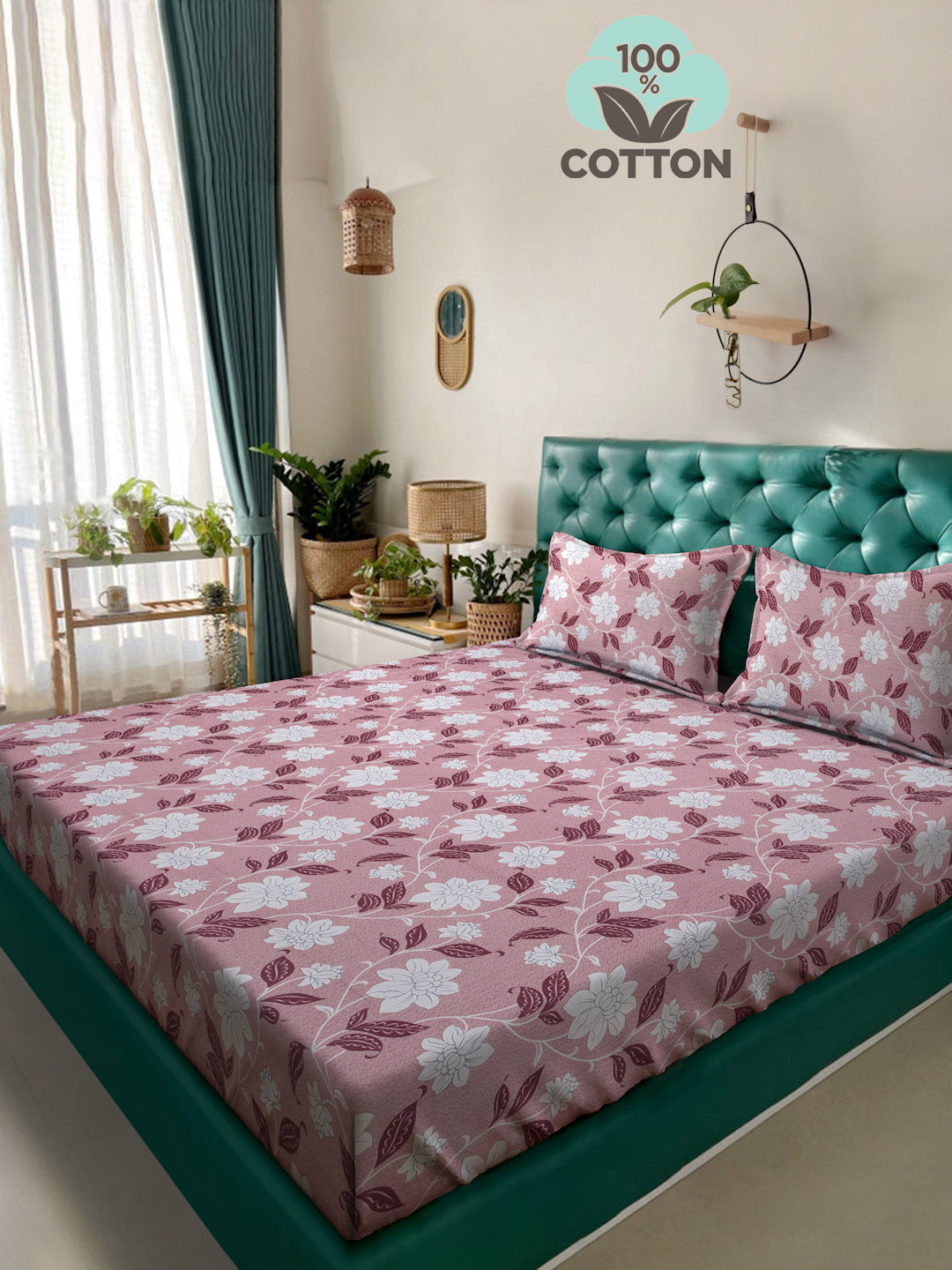 Klotthe Pink Floral 400 TC Pure Cotton Double Bedsheet with 2 Pillow Covers