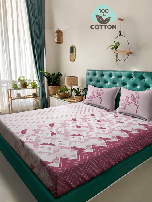 Klotthe Magenta Geometric 400 TC Pure Cotton Super King Double Bedsheet with 2 Pillow covers