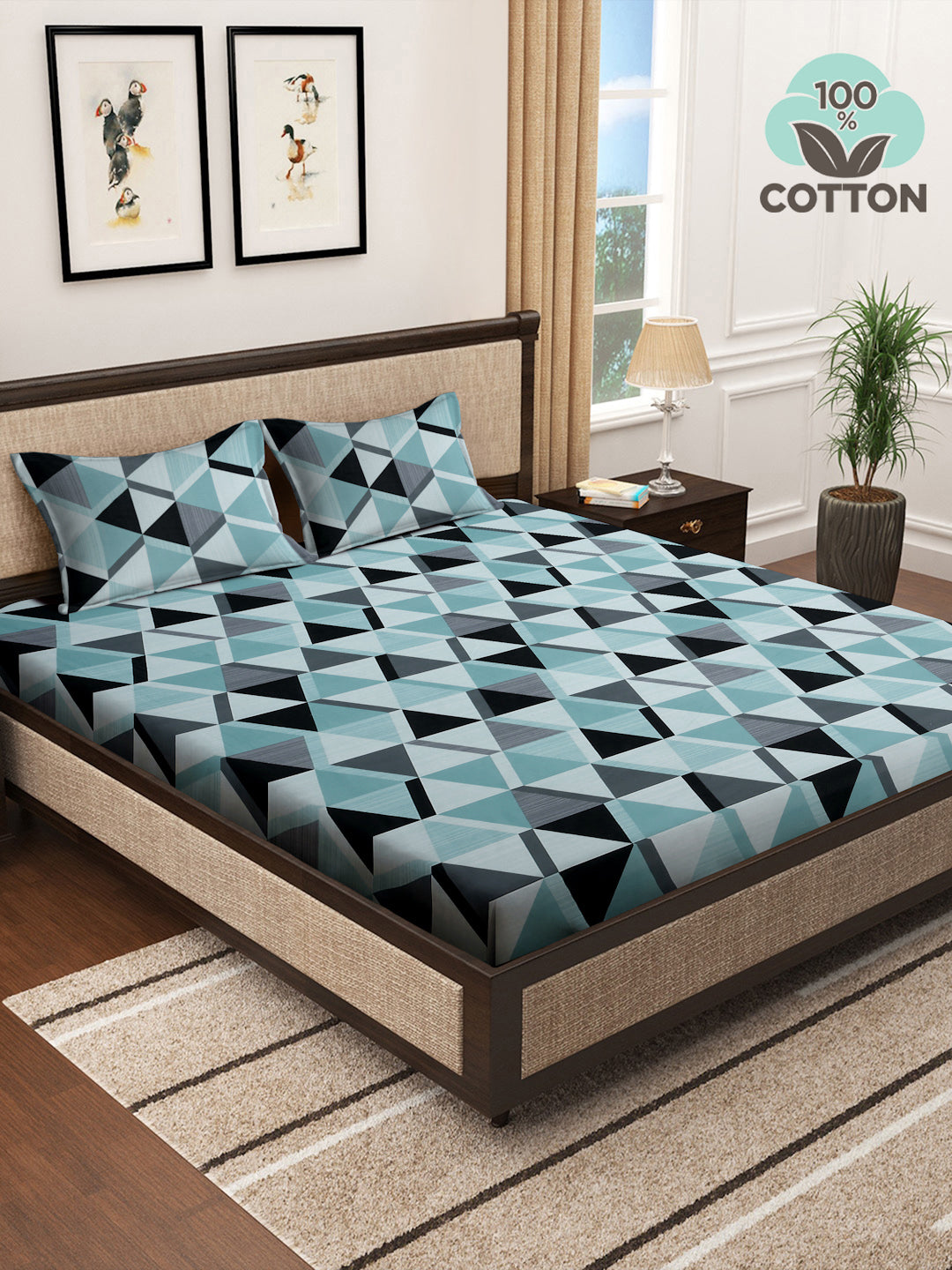 Klotthe Multicolor Geometric 400 TC Pure Cotton Super King Double Bedsheet with 2 Pillow covers