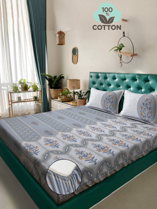 Klotthe Grey Floral 400 TC Pure Cotton Fitted Super King Double Bedsheet with 2 Pillow covers