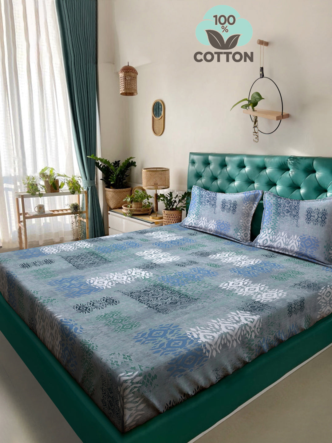 Klotthe Blue Geometric 400 TC Pure Cotton Double Bedsheet with 2 Pillow Covers