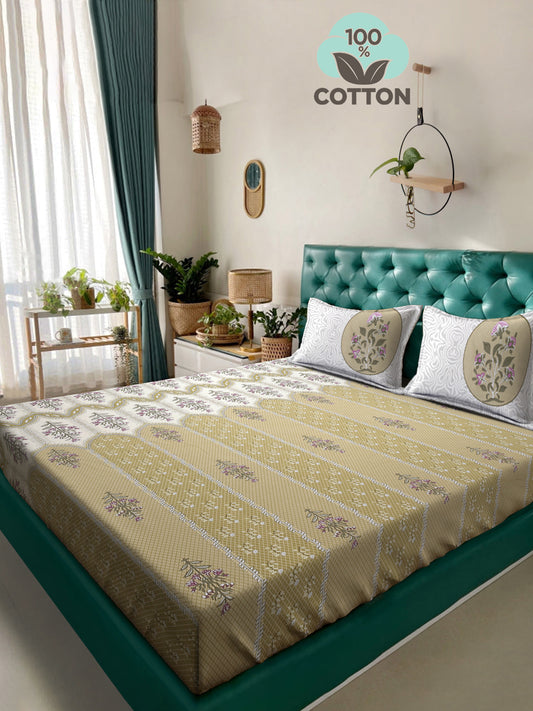 Klotthe Olive Floral 400 TC Pure Cotton Super King Double Bedsheet with 2 Pillow covers