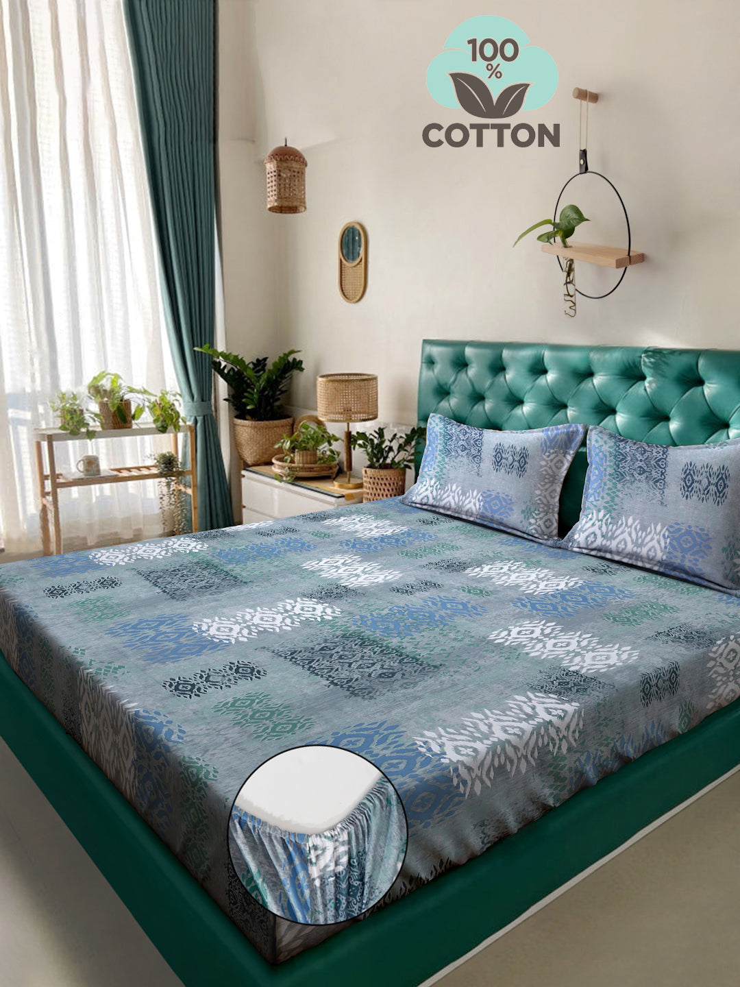 Klotthe Blue Geometric 400 TC Pure Cotton Fitted Double Bedsheet with 2 Pillow Covers