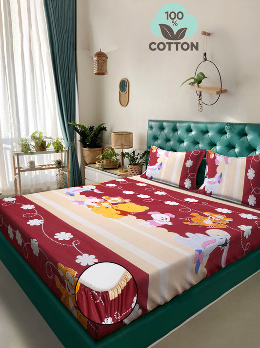 Klotthe Red Cartoon Characters 400 TC Pure Cotton Fitted Double Bedsheet with 2 Pillow Covers