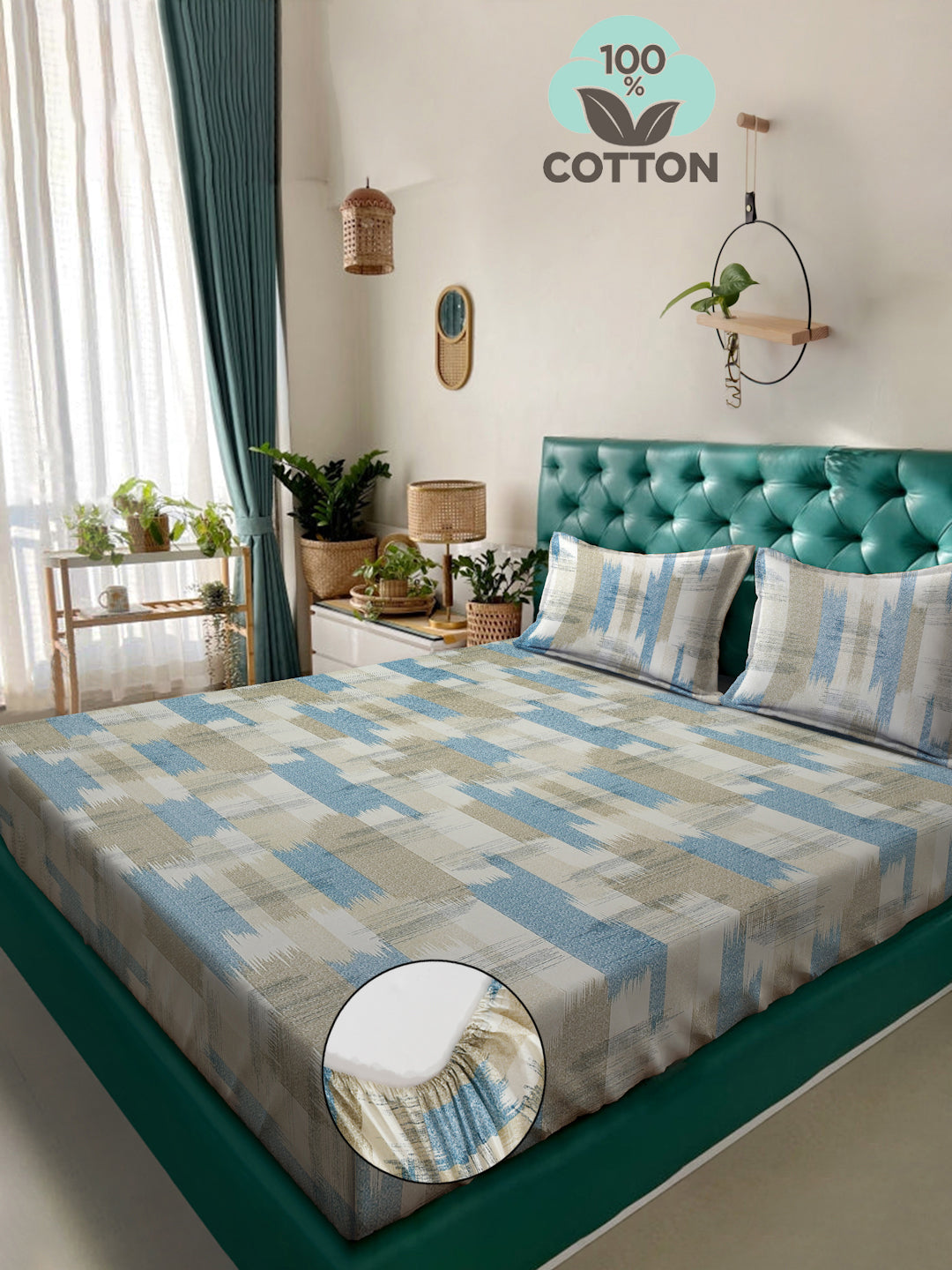 Klotthe Multicolor Geometric 400 TC Pure Cotton Fitted Double Bedsheet with 2 Pillow Covers