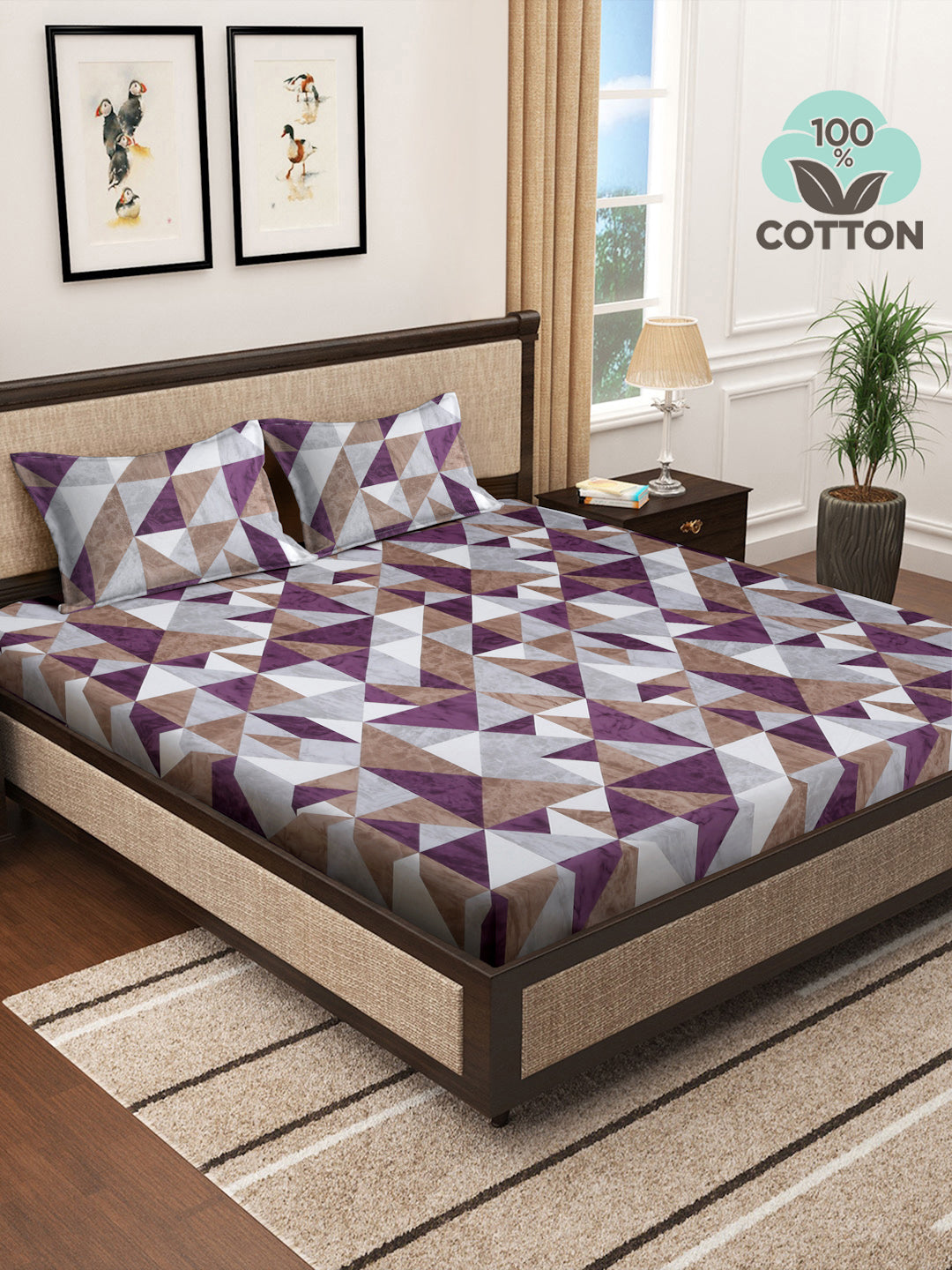 Klotthe Multicolor Geometric 400 TC Pure Cotton Super King Double Bedsheet with 2 Pillow covers