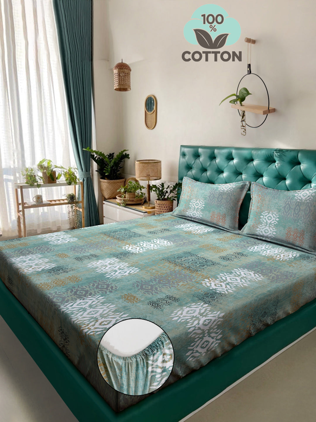 Klotthe Green Geometric 400 TC Pure Cotton Fitted Double Bedsheet with 2 Pillow Covers