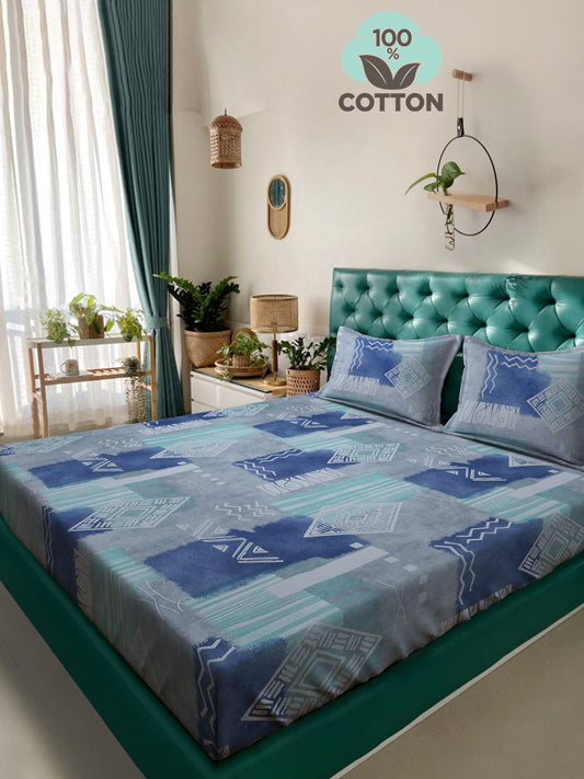 Klotthe Blue Geometric 400 TC Pure Cotton Double Bedsheet with 2 Pillow Covers