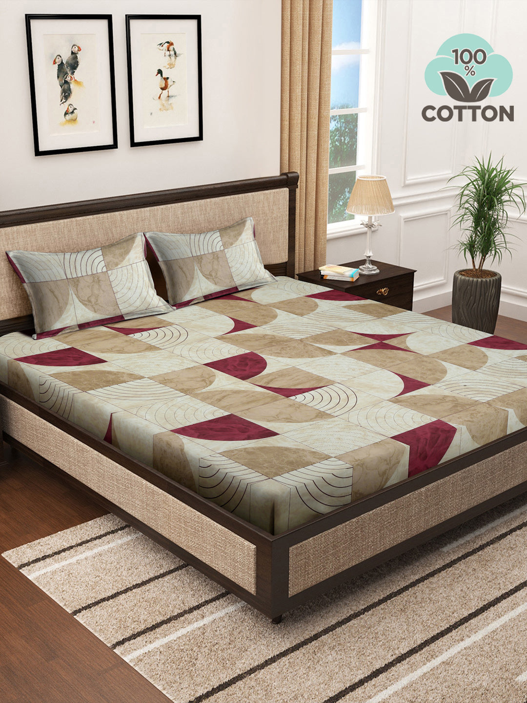 Klotthe Multicolor Geometric 400 TC Pure Cotton Super King Double Bedsheet with 2 Pillow covers