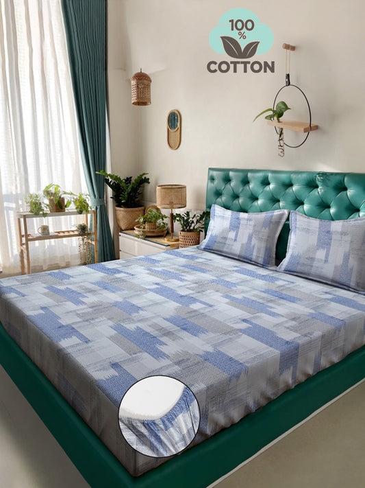 Klotthe Blue Geometric 400 TC Pure Cotton Fitted Double Bedsheet with 2 Pillow Covers