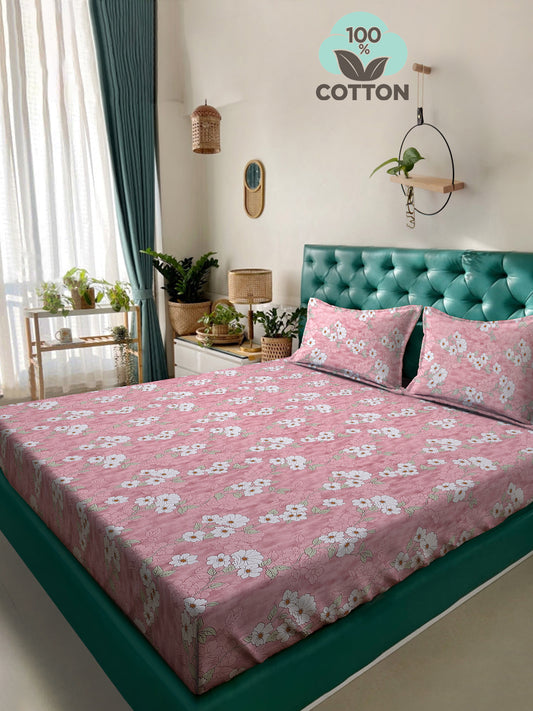 Klotthe Pink Floral 400 TC Pure Cotton Double Bedsheet with 2 Pillow Covers