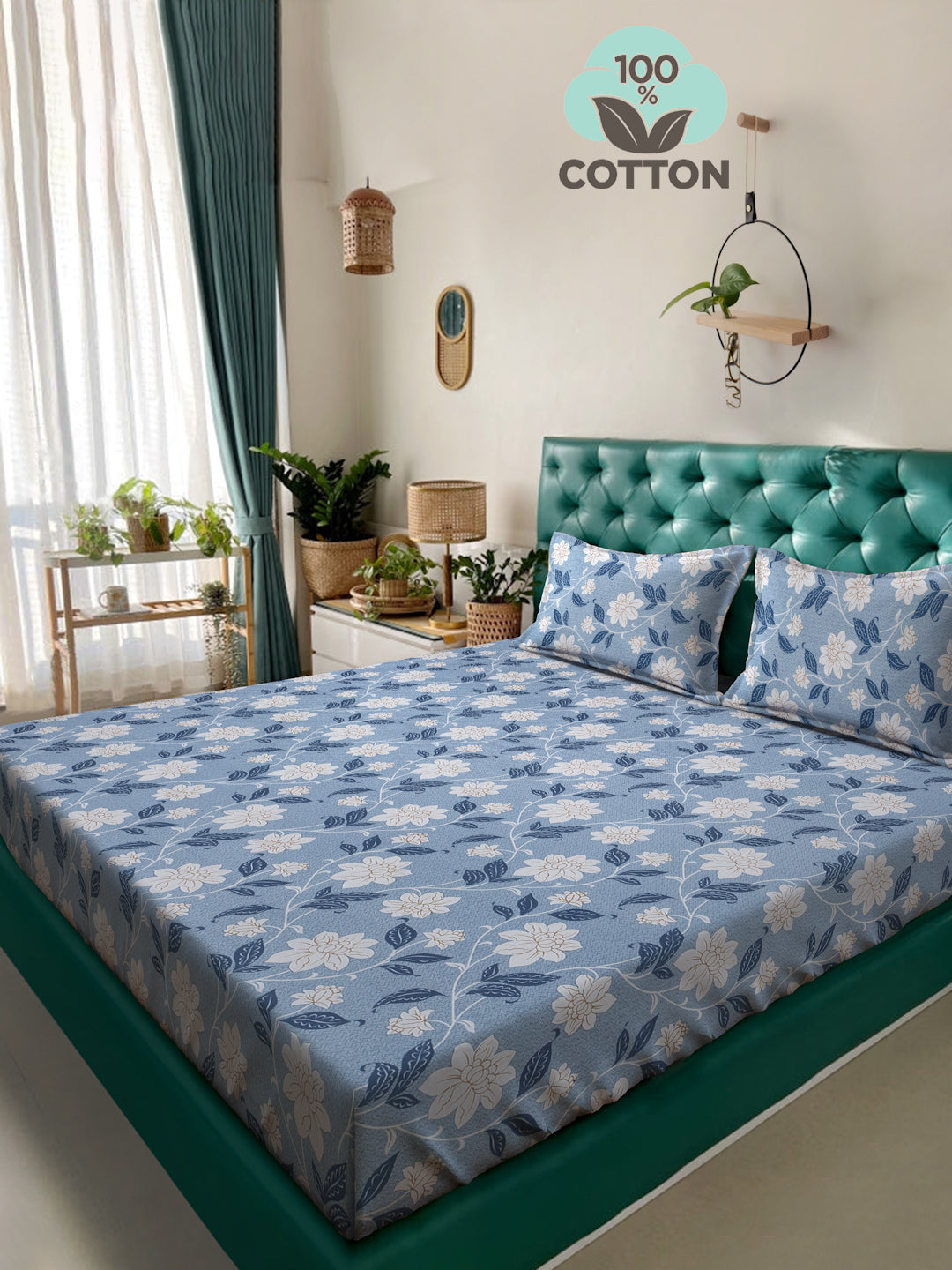 Klotthe Blue Floral 400 TC Pure Cotton Double Bedsheet with 2 Pillow Covers