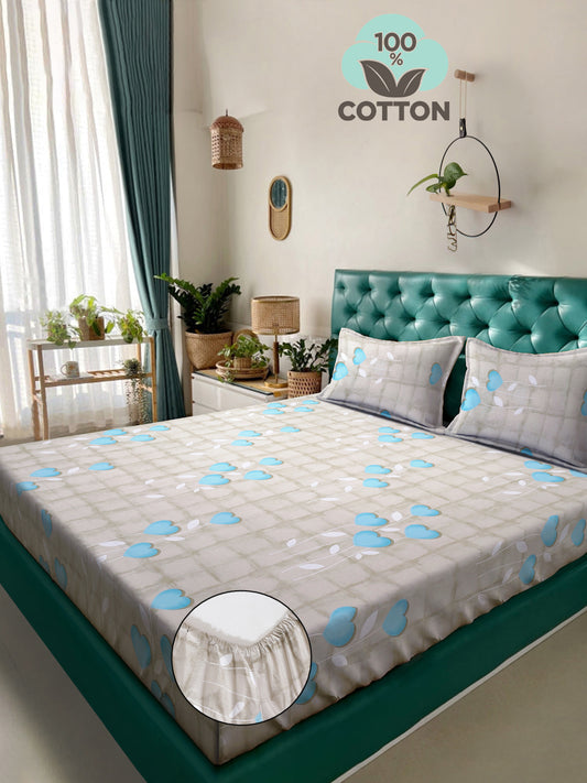 Klotthe Turquoise Floral 400 TC Pure Cotton Fitted Double Bedsheet with 2 Pillow Covers