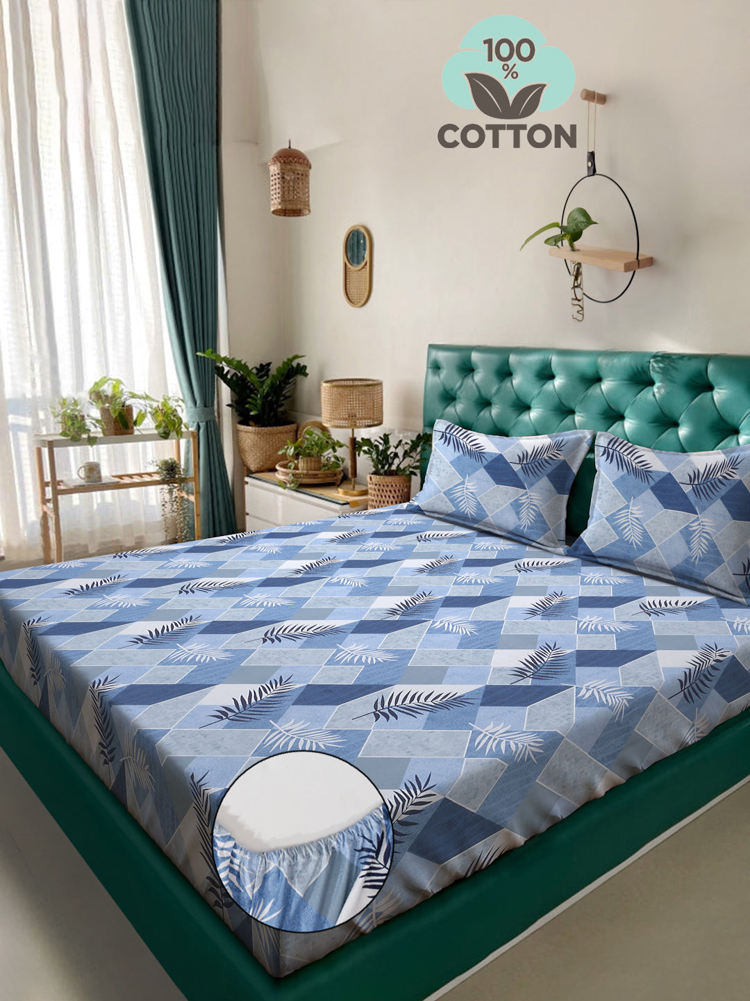 Klotthe Blue Floral 400 TC Pure Cotton Fitted Double Bedsheet with 2 Pillow Covers