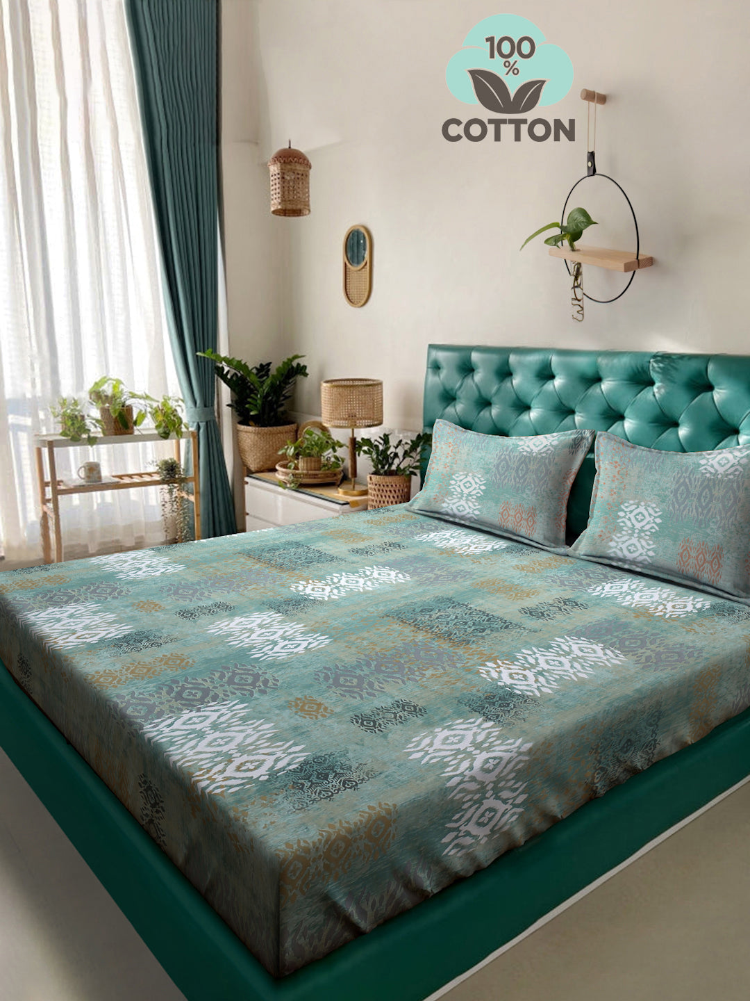 Klotthe Green Geometric 400 TC Pure Cotton Double Bedsheet with 2 Pillow Covers