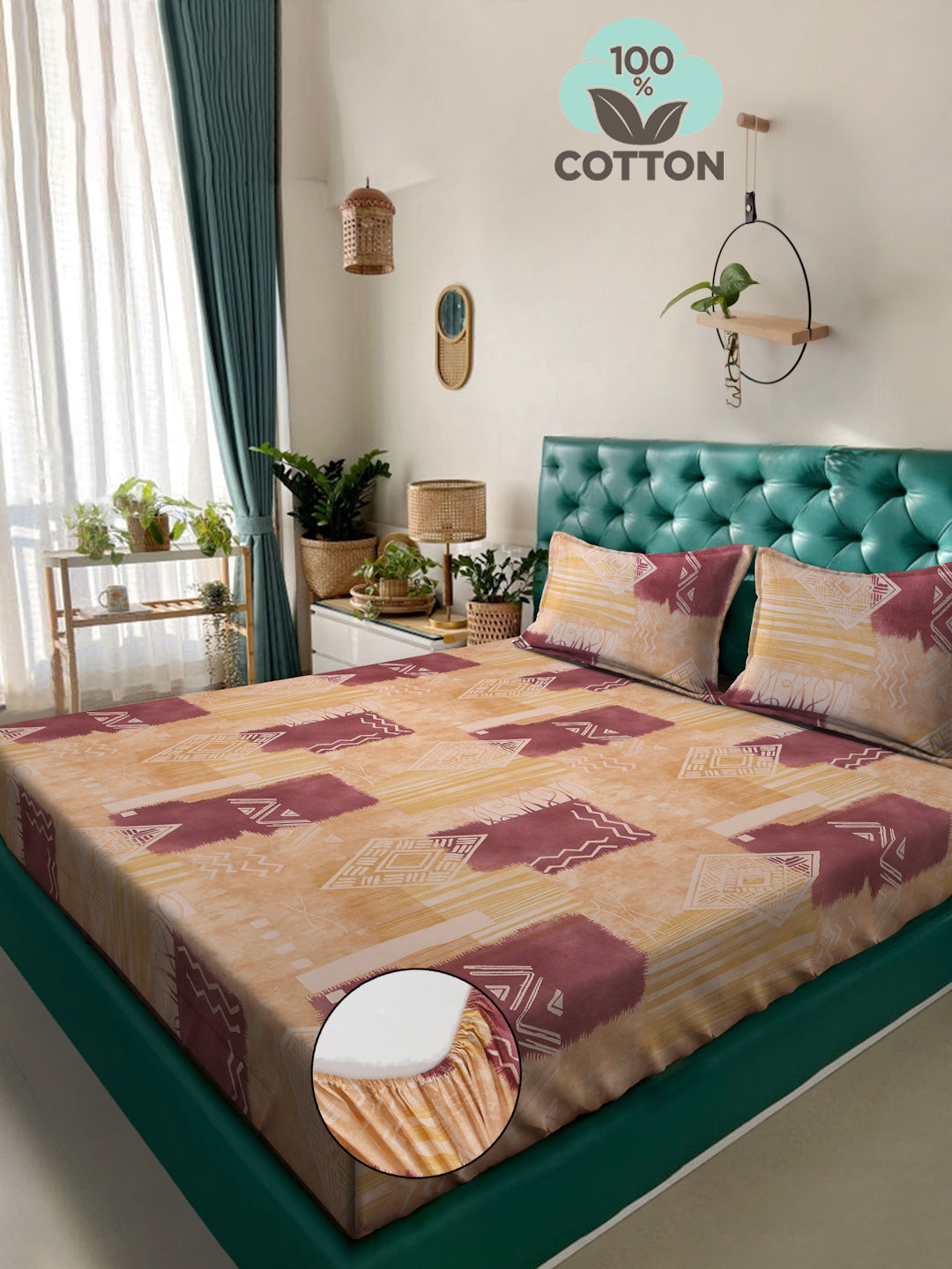 Klotthe Multicolor Geometric 400 TC Pure Cotton Fitted Double Bedsheet with 2 Pillow Covers