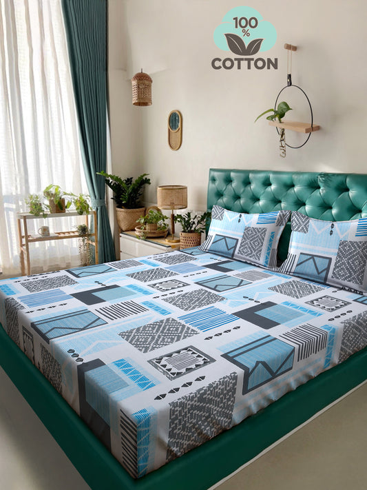 Klotthe SkyBlue Geometric 400 TC Pure Cotton Double Bedsheet with 2 Pillow Covers