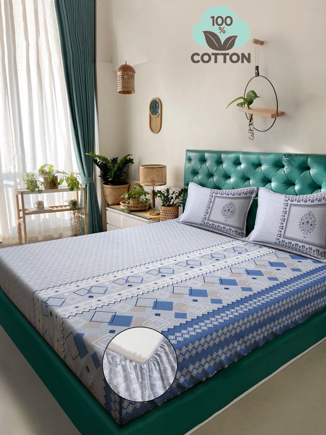 Klotthe Blue Geometric 400 TC Pure Cotton Fitted Super King Double Bedsheet with 2 Pillow covers