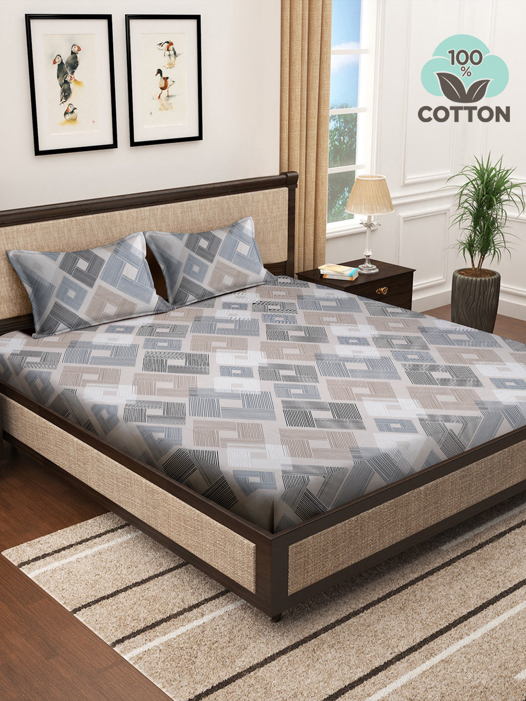 Klotthe Multicolor Geometric 400 TC Pure Cotton Super King Double Bedsheet with 2 Pillow covers