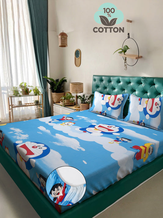 Klotthe Blue Cartoon Characters 400 TC Pure Cotton Fitted Double Bedsheet with 2 Pillow Covers