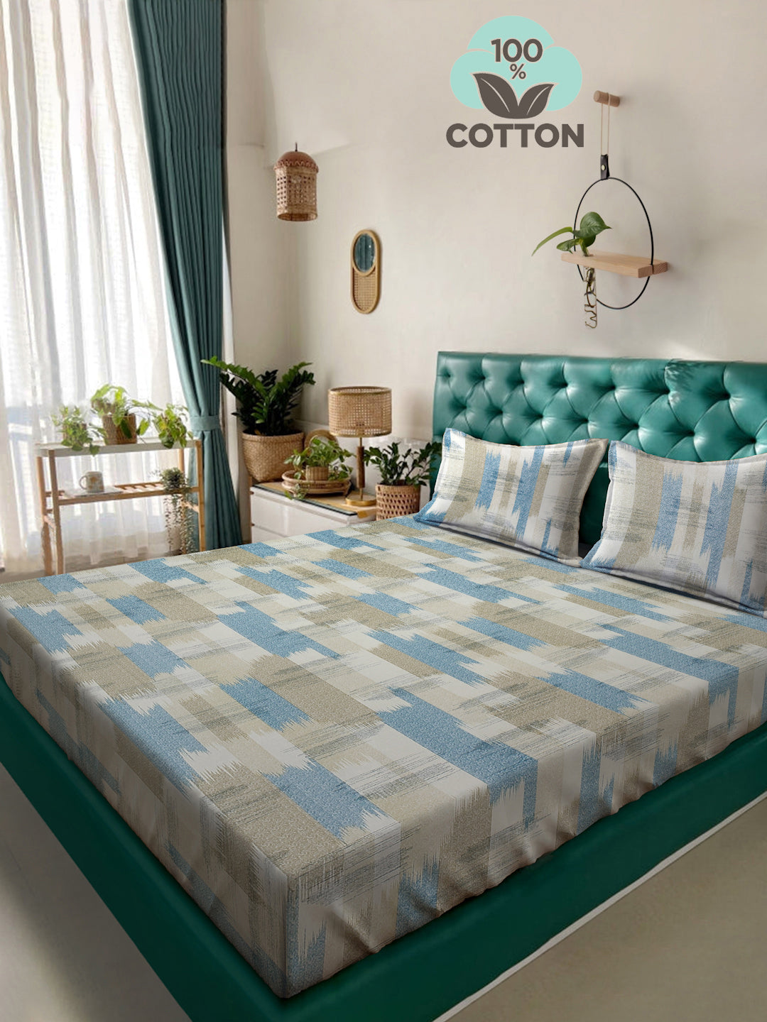 Klotthe Multicolor Geometric 400 TC Pure Cotton Double Bedsheet with 2 Pillow Covers