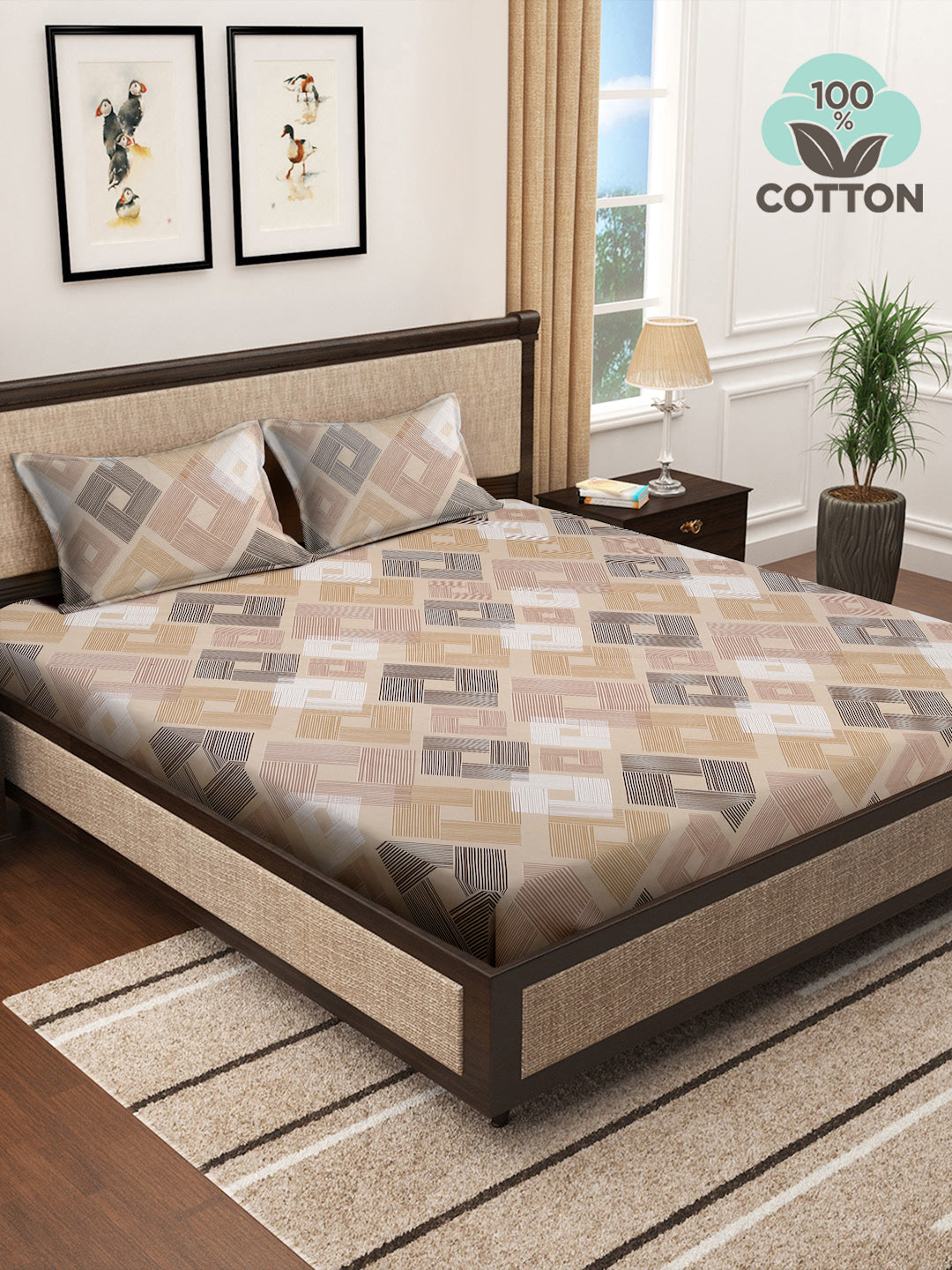 Klotthe Multicolor Geometric 400 TC Pure Cotton Super King Double Bedsheet with 2 Pillow covers