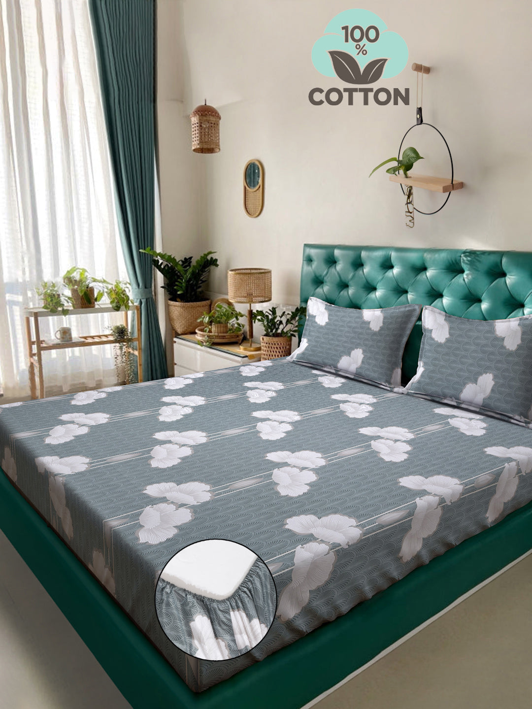 Klotthe Grey Floral 400 TC Pure Cotton Fitted Double Bedsheet with 2 Pillow Covers