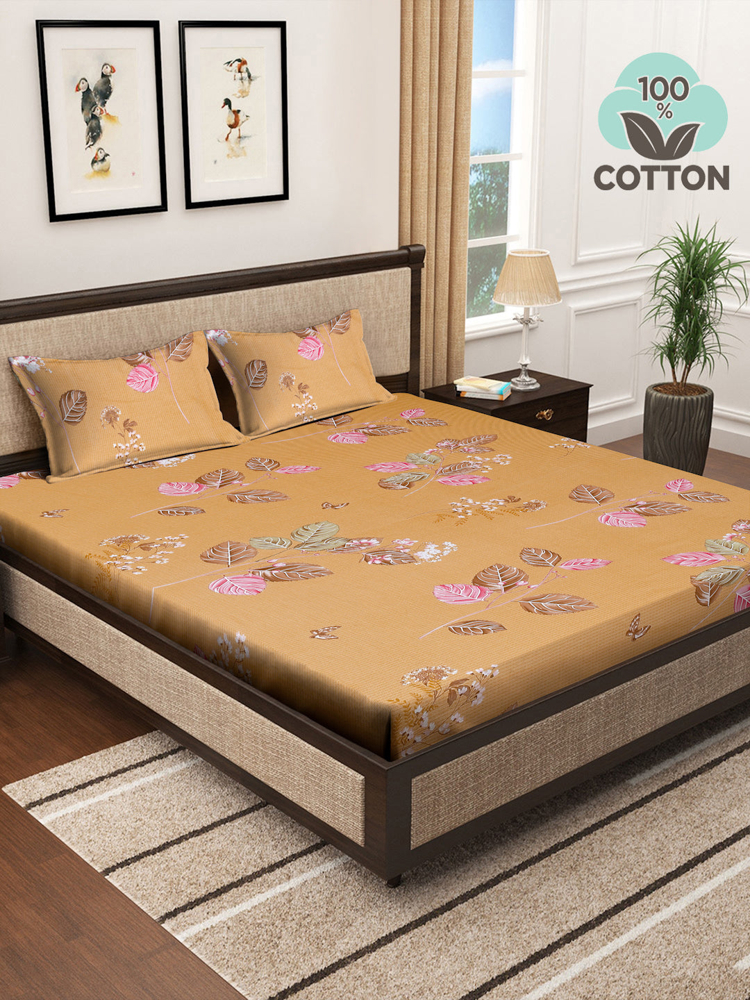 Klotthe Multicolor Floral 400 TC Pure Cotton Double Bedsheet with 2 Pillow Covers