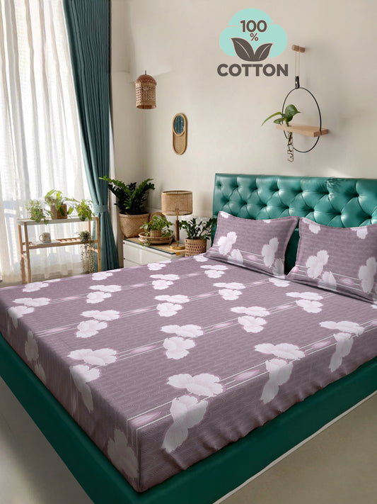 Klotthe Purple Floral 400 TC Pure Cotton Double Bedsheet with 2 Pillow Covers