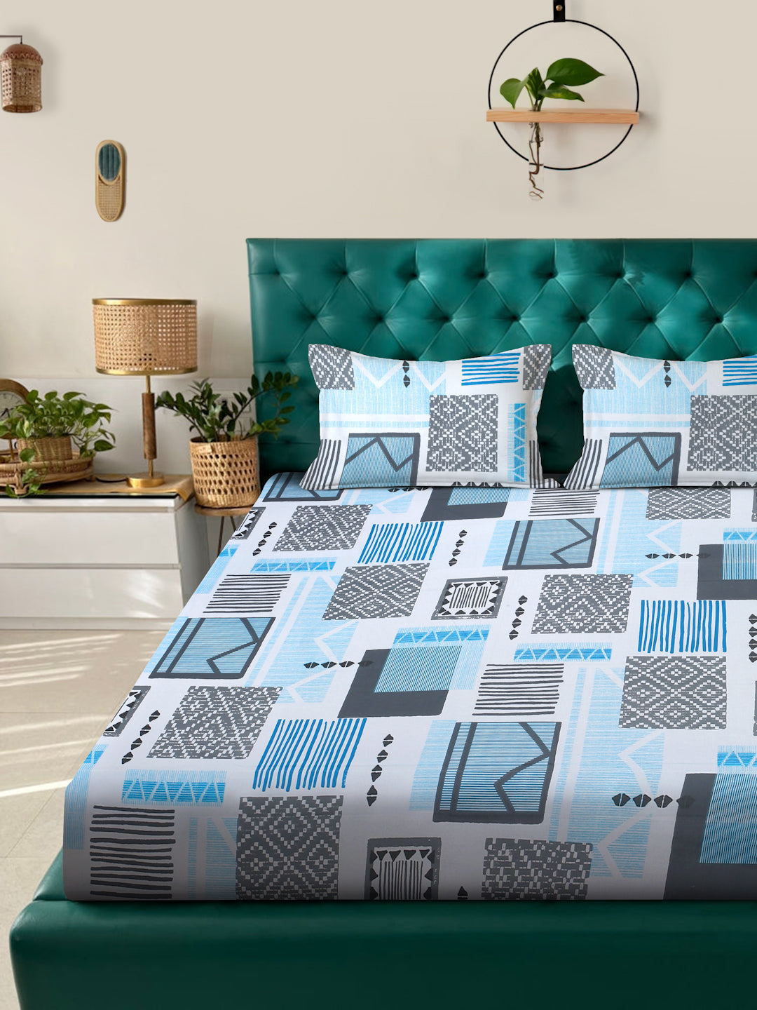 Klotthe SkyBlue Geometric 400 TC Pure Cotton Fitted Double Bedsheet with 2 Pillow Covers