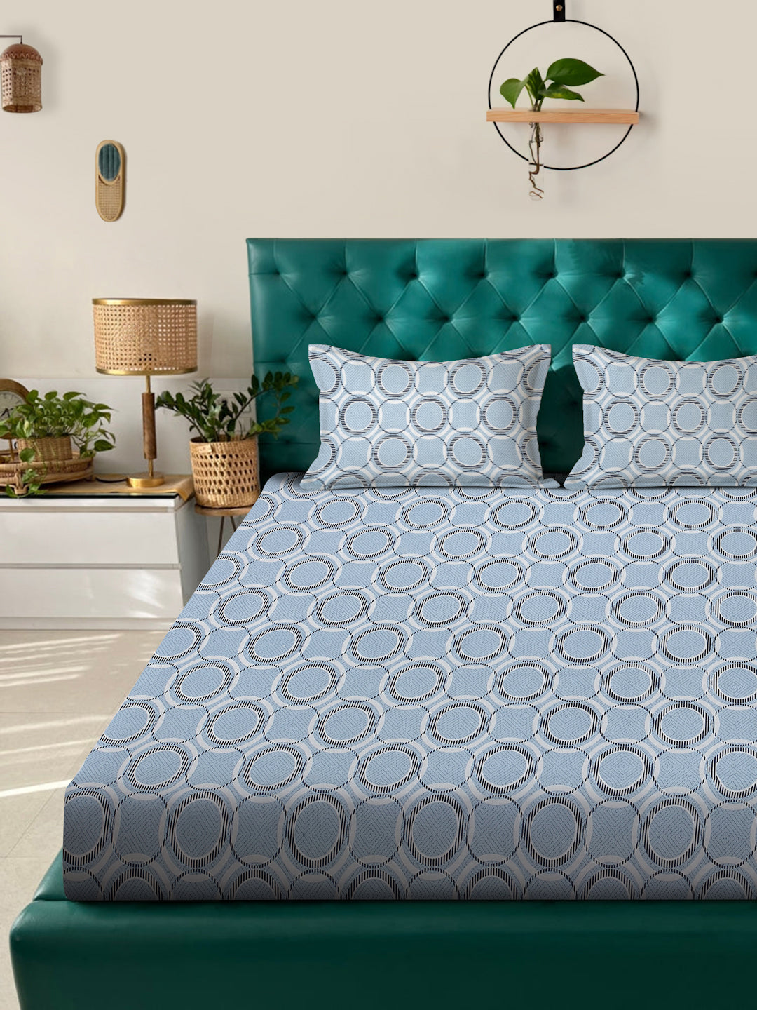 Klotthe Blue Geometric 400 TC Pure Cotton Fitted Double Bedsheet with 2 Pillow Covers