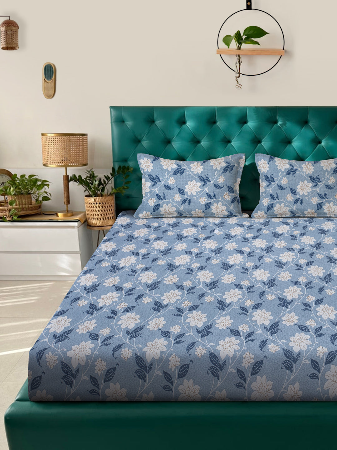 Klotthe Blue Floral 400 TC Pure Cotton Fitted Double Bedsheet with 2 Pillow Covers