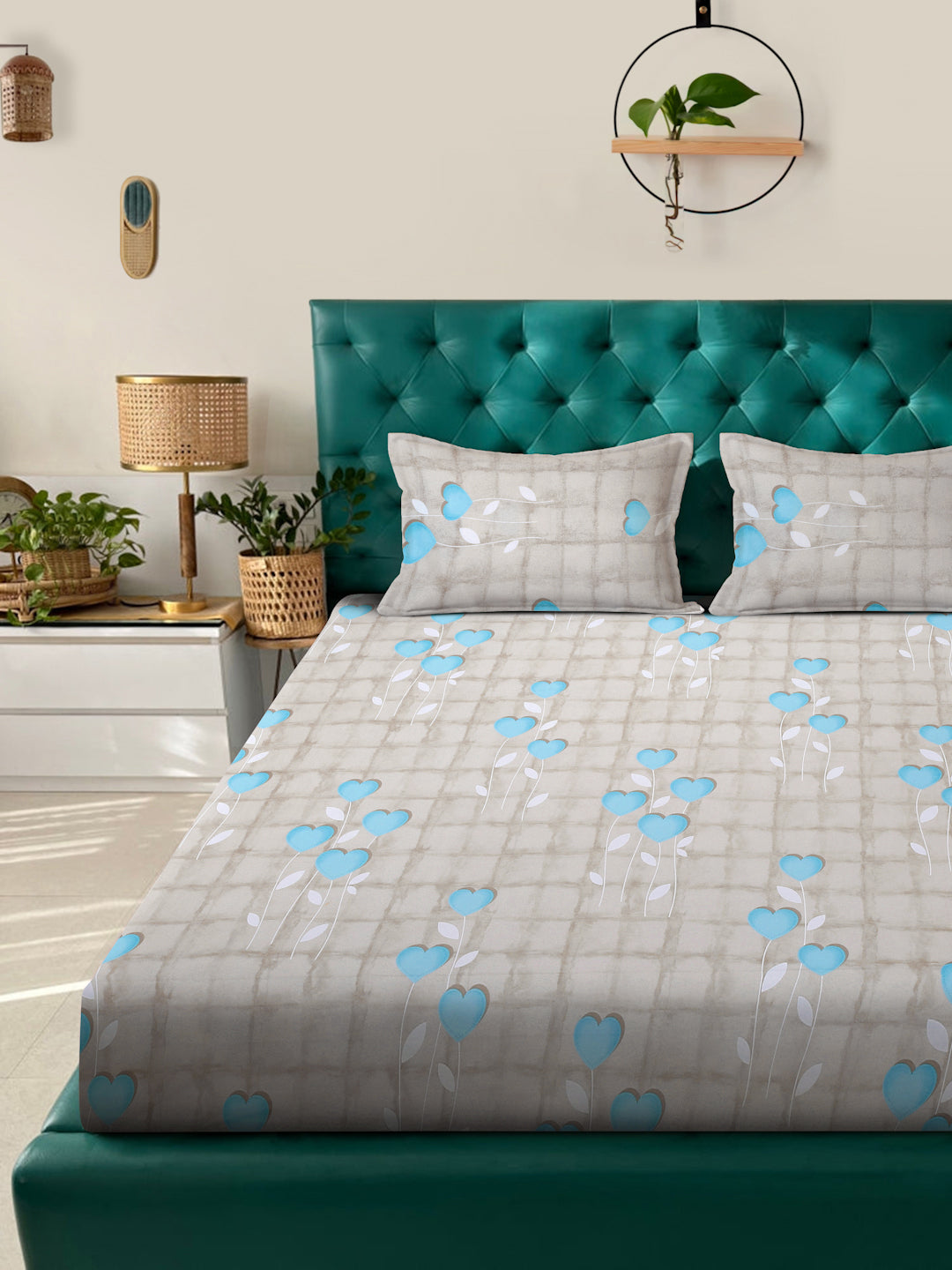 Klotthe Turquoise Floral 400 TC Pure Cotton Double Bedsheet with 2 Pillow Covers