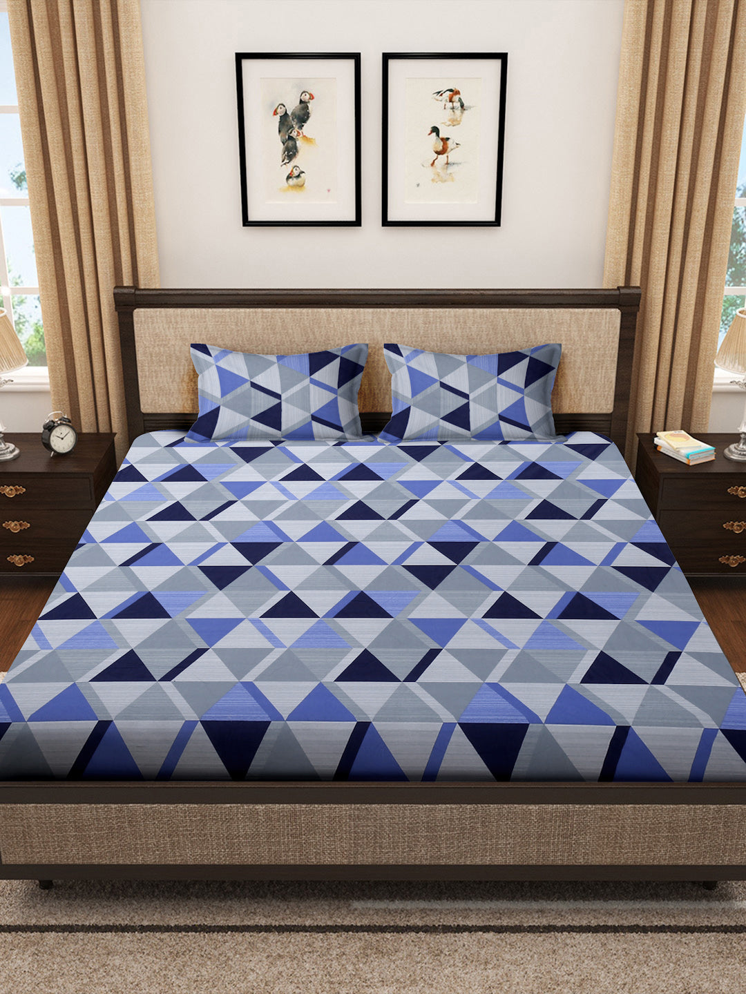 Klotthe Multicolor Geometric 400 TC Pure Cotton Super King Double Bedsheet with 2 Pillow covers