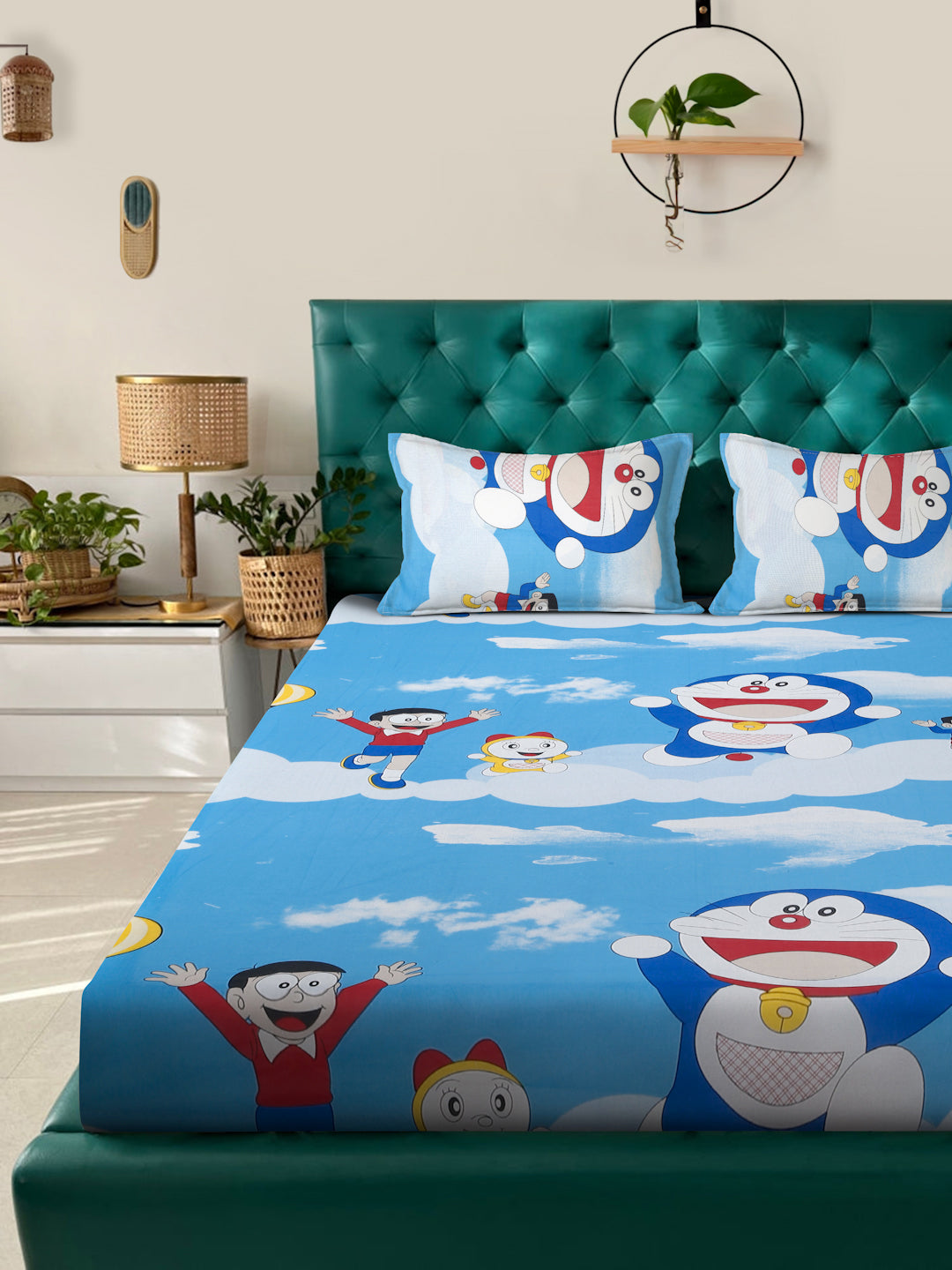 Klotthe Blue Cartoon Characters 400 TC Pure Cotton Double Bedsheet with 2 Pillow Covers