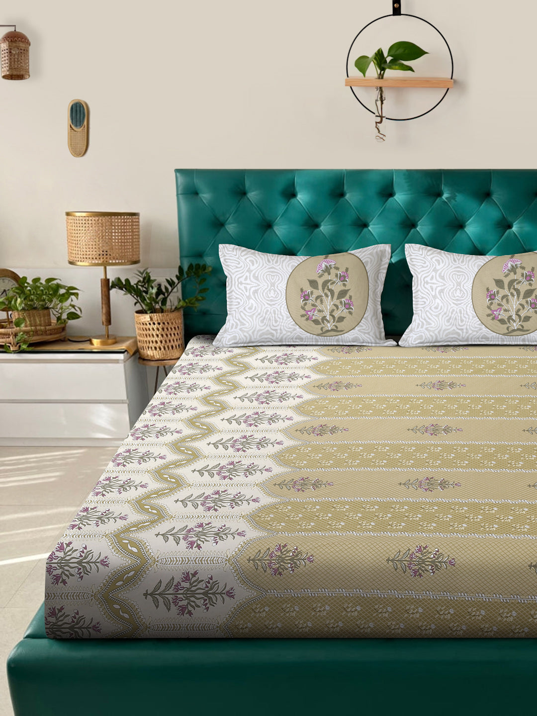 Klotthe Olive Floral 400 TC Pure Cotton Fitted Super King Double Bedsheet with 2 Pillow covers