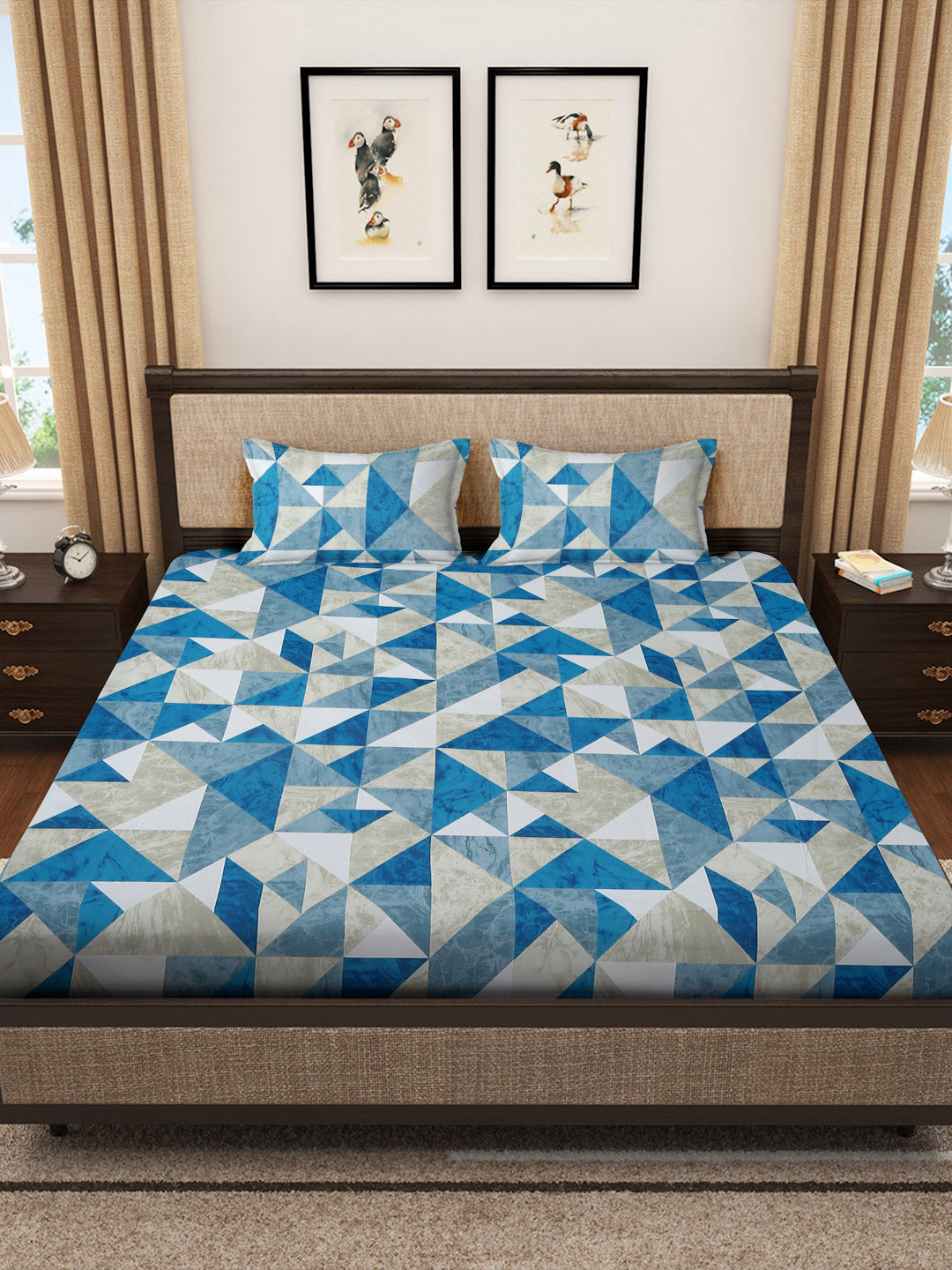 Klotthe Multicolor Geometric 400 TC Pure Cotton Super King Double Bedsheet with 2 Pillow covers