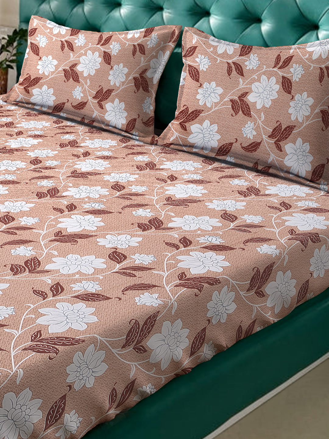 Klotthe Beige Floral 400 TC Pure Cotton Double Bedsheet with 2 Pillow Covers