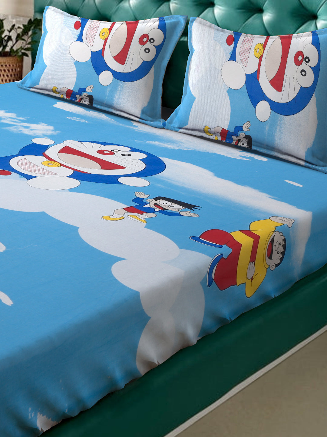 Klotthe Blue Cartoon Characters 400 TC Pure Cotton Fitted Double Bedsheet with 2 Pillow Covers