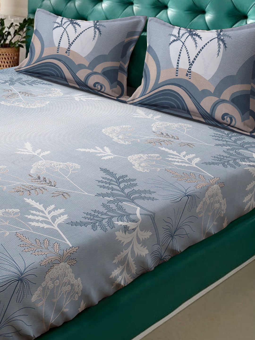 Klotthe Grey Floral 400 TC Pure Cotton Fitted Super King Double Bedsheet with 2 Pillow covers